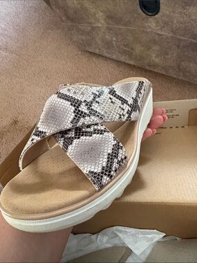 Clarks Women's Snake-Print Crisscross Slide Sandal in Beige and Black